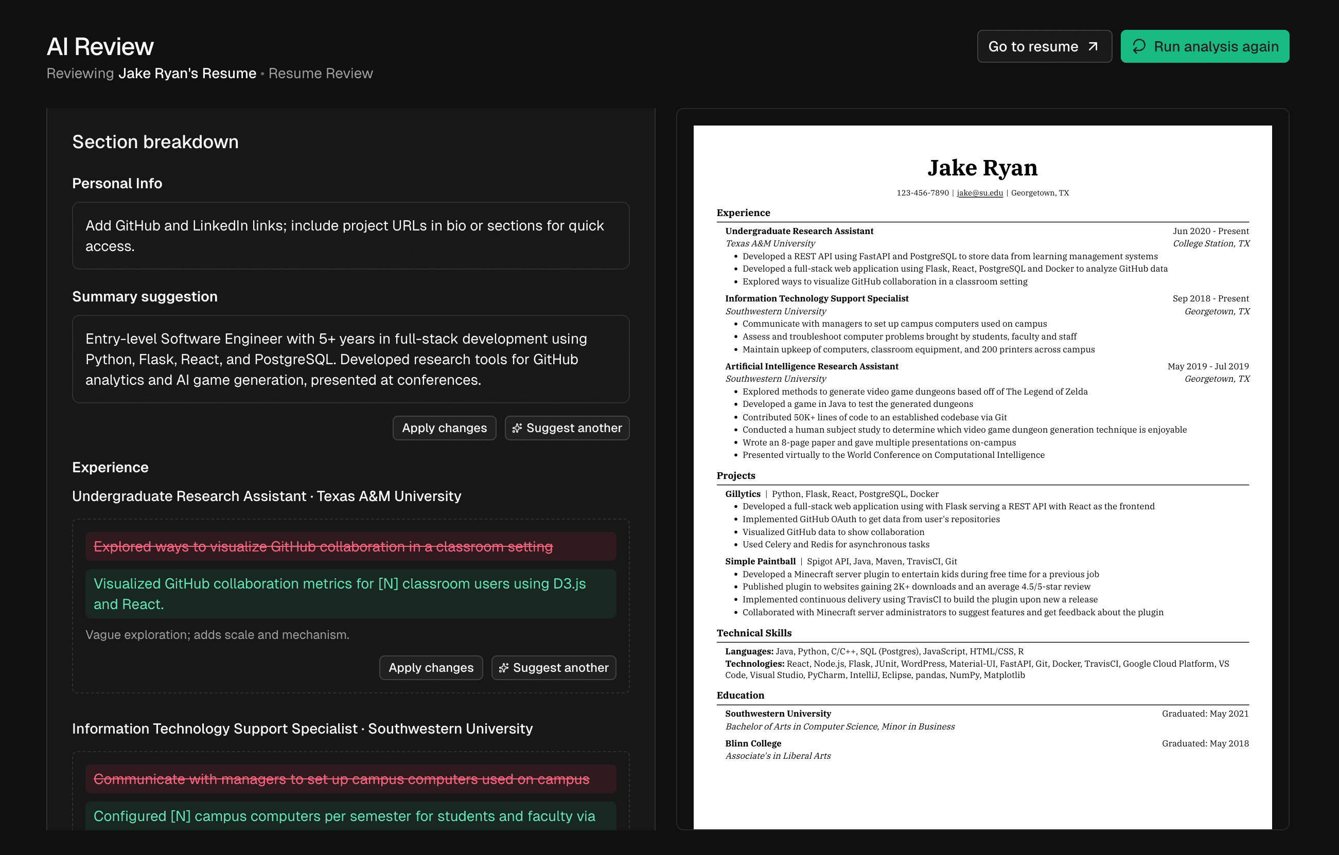 HiredUp's AI Review showing resume feedback and side-by-side preview.