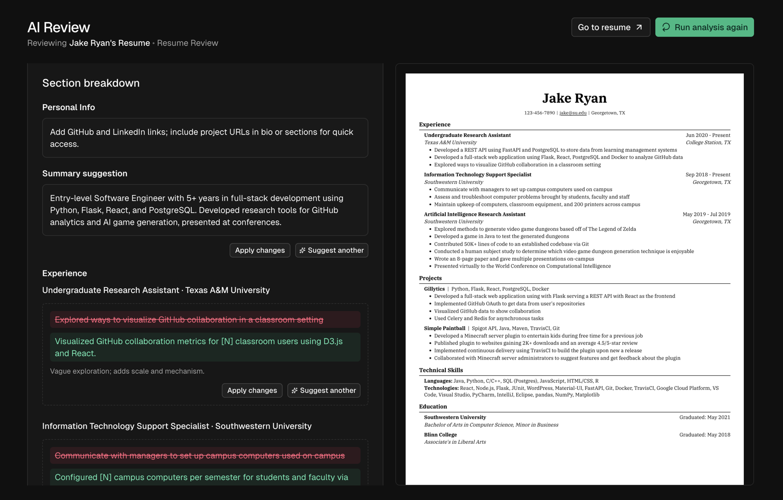 HiredUp's AI Review showing resume feedback and side-by-side preview.